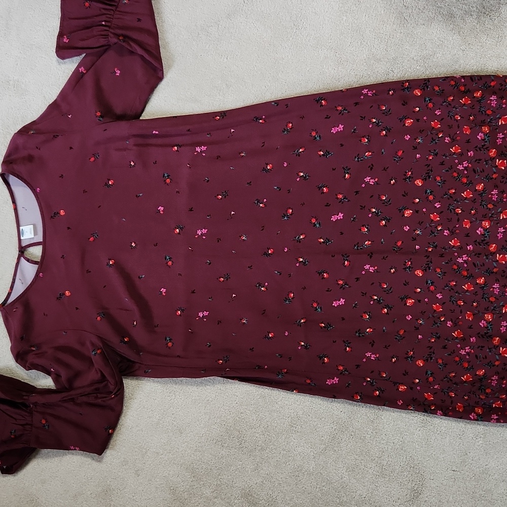 Old  lNavy Maroon Flowered Rayon Shift Dress- Medium